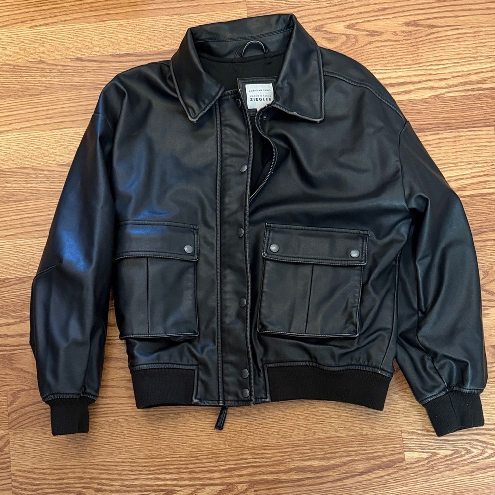 American Eagle, Black  Faux Leather Bomber Jacket, AEO Maddie & Kenzi Ziegler